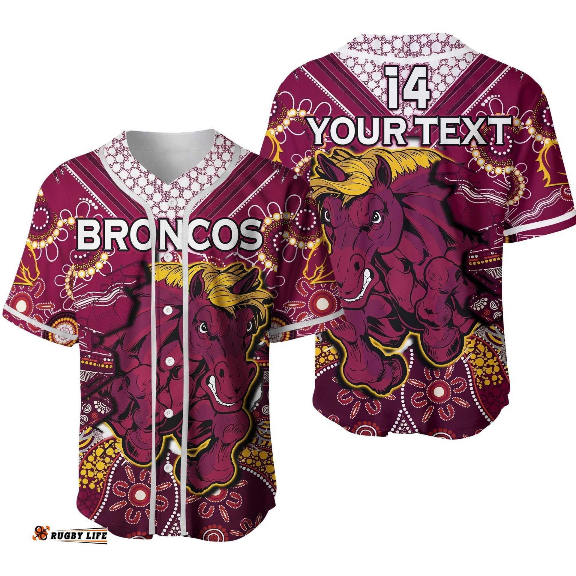 Custom Text And Number Broncos Rugby Baseball Jersey Shirt Indigenous Pattern Artsy Strip Ver.01