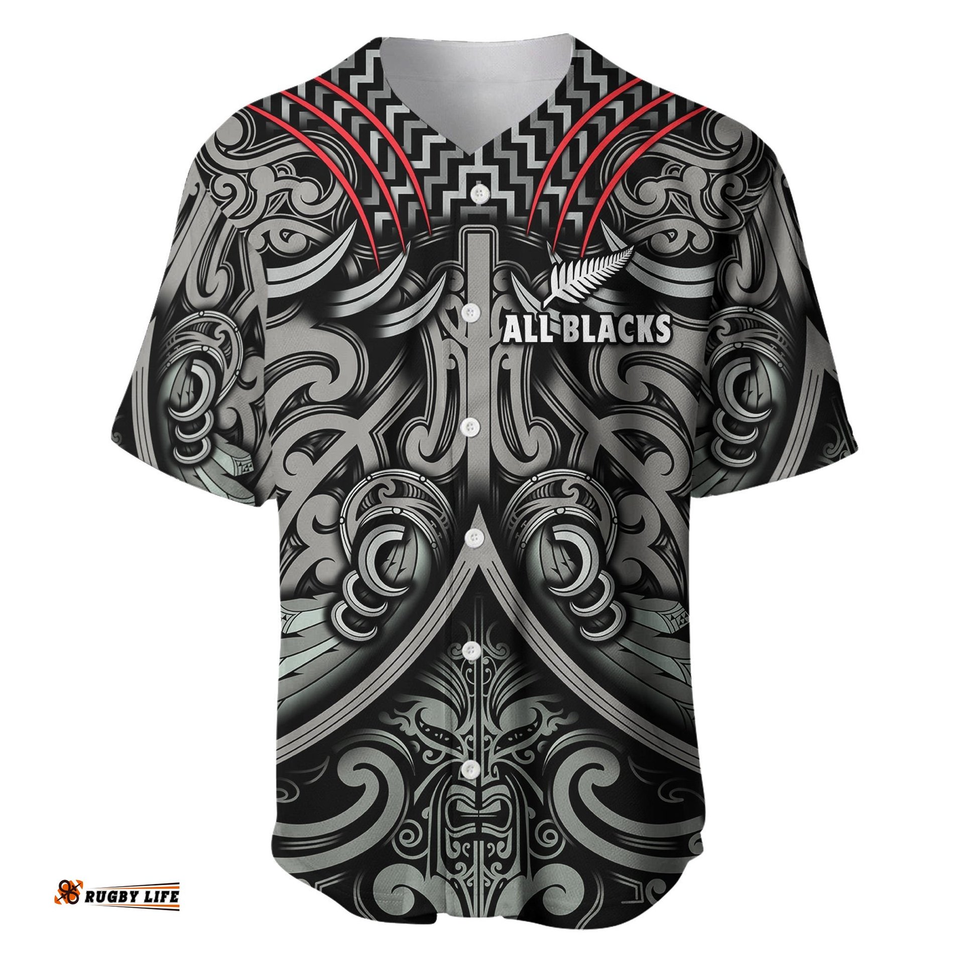 Custom Text and Number New Zealand Silver Fern Rugby Baseball Jersey Shirt All Black NZ Maori Pattern