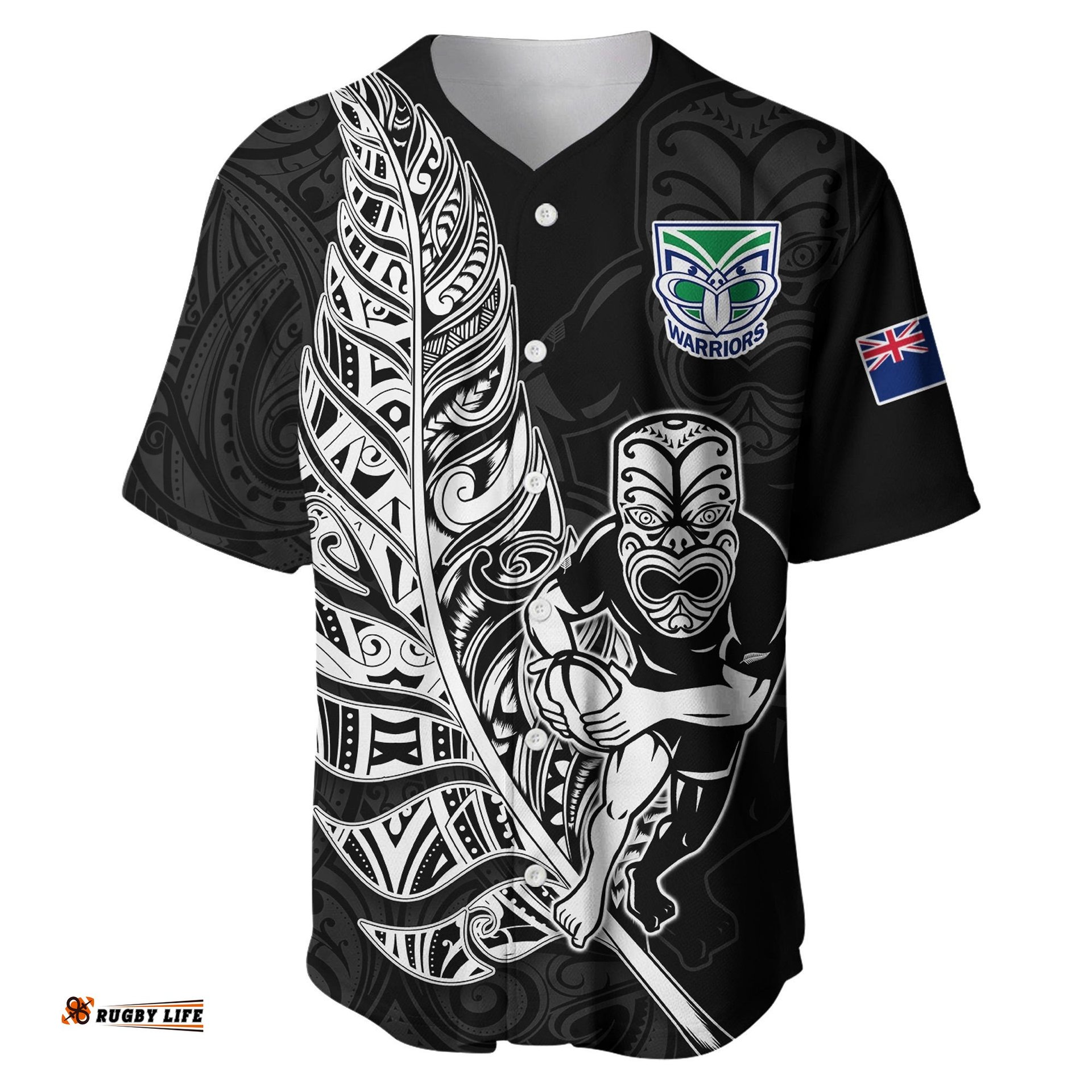 New Zealand Tiki Rugby Baseball Jersey Shirt NZ Warriors Fern Maori Style 09