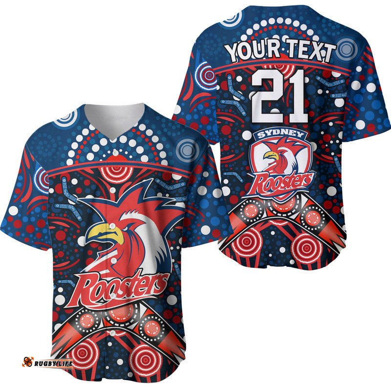 Custom Personalised Roosters Rugby Baseball Jersey Shirt Boomerang Indigenous Dots