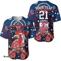Custom Personalised Roosters Rugby Baseball Jersey Shirt Boomerang Indigenous Dots
