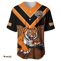 Custom Text And Number Wests Tigers Rugby Baseball Jersey Shirt Indigenous Black Artsy