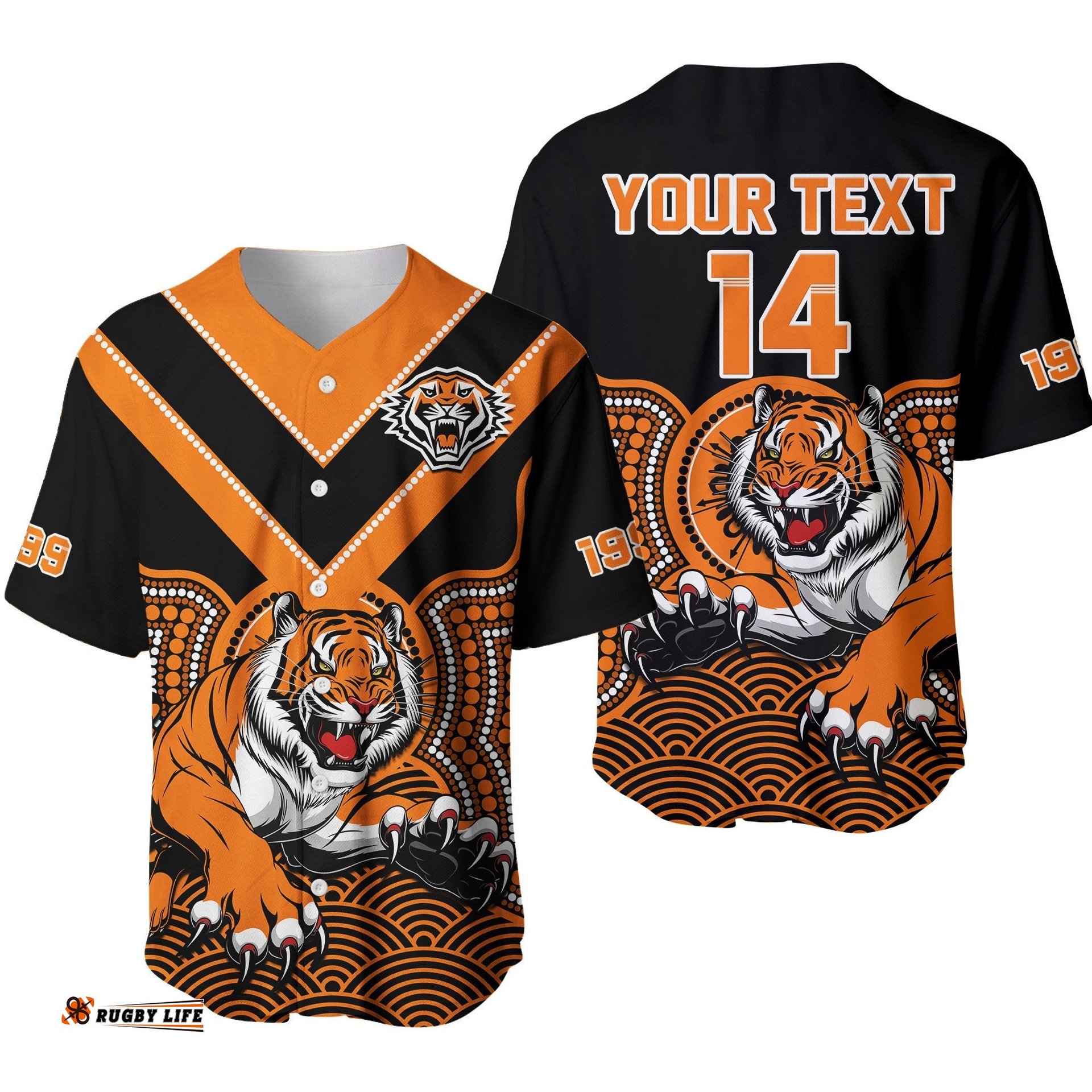 Custom Text And Number Wests Tigers Rugby Baseball Jersey Shirt Indigenous Black Artsy