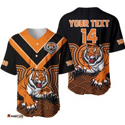 Custom Text And Number Wests Tigers Rugby Baseball Jersey Shirt Indigenous Black Artsy