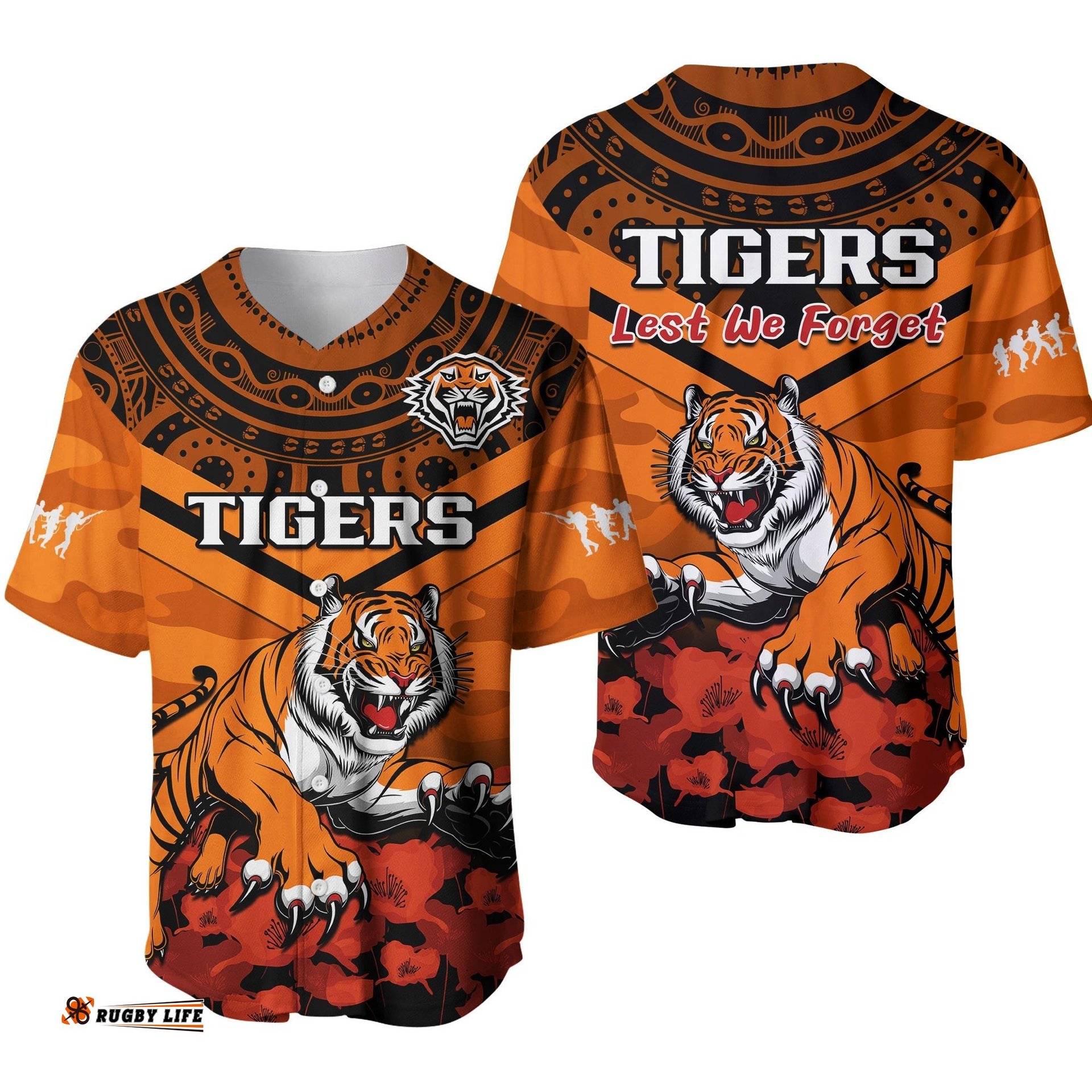 Tigers Rugby ANZAC Rugby Baseball Jersey Shirt Camouflage Mix Indigenous Ver.01