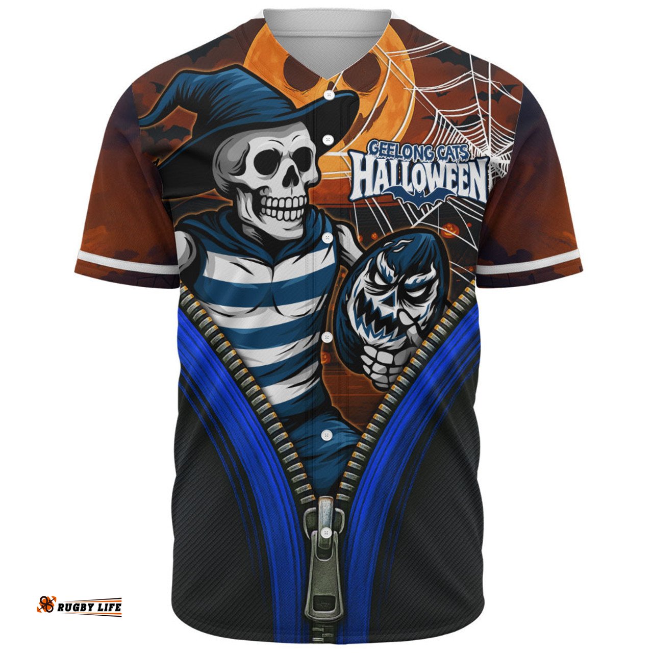 Amazing Aussie Geelong Cats Halloween Night Reaper Zipper Baseball Shirt
