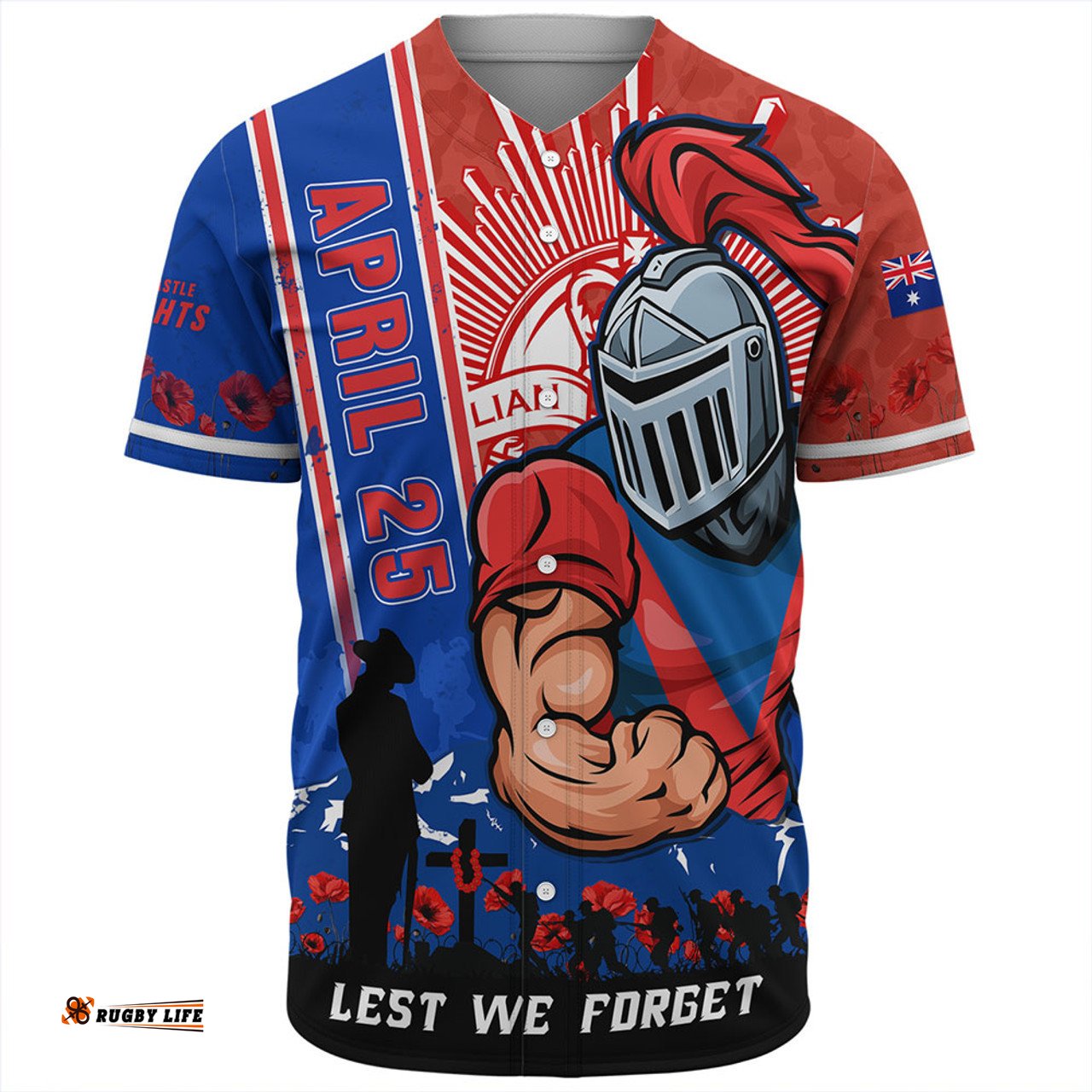 Amazing Aussie Newcastle Knights Anzac Day Lest We Forget Strong Fighting Spirit Baseball Shirt