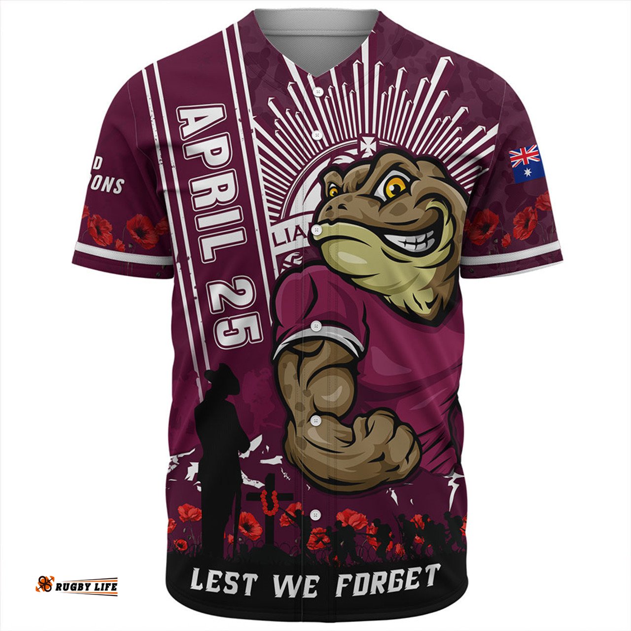 Amazing Aussie Queensland Maroons Anzac Day Lest We Forget Strong Fighting Spirit Baseball Shirt