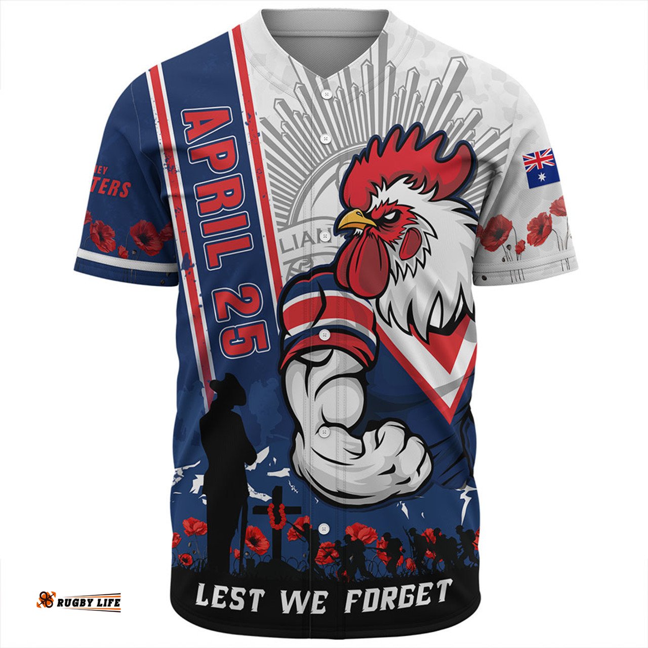 Amazing Aussie Sydney Roosters Anzac Day Lest We Forget Strong Fighting Spirit Baseball Shirt