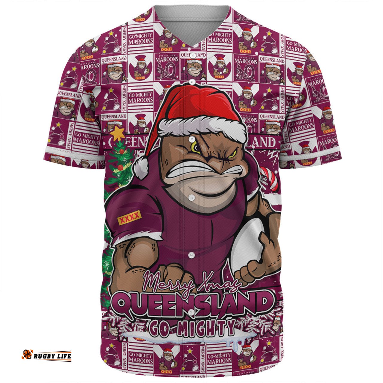 Amazing Aussie Queensland Maroons Merry Ugly Christmas Comic Style Baseball Shirt