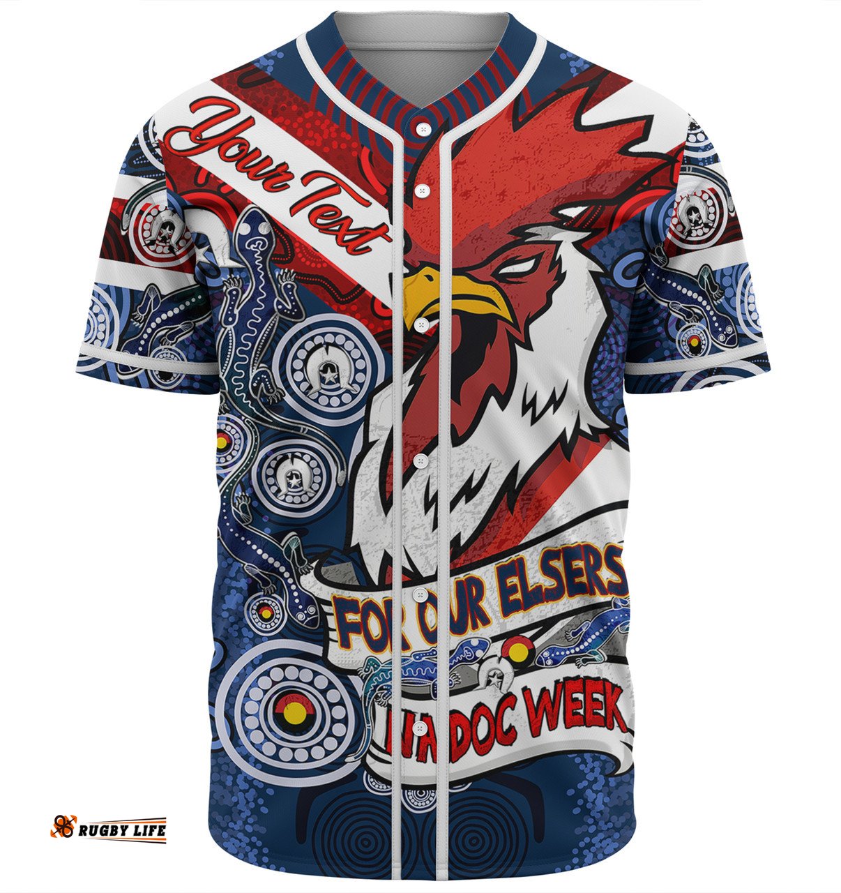 Amazing Aussie Sydney Roosters Naidoc Week Custom Sydney Roosters Naidoc WeekFor Our Elders Dot Art Style With Lizard Baseball Shirt