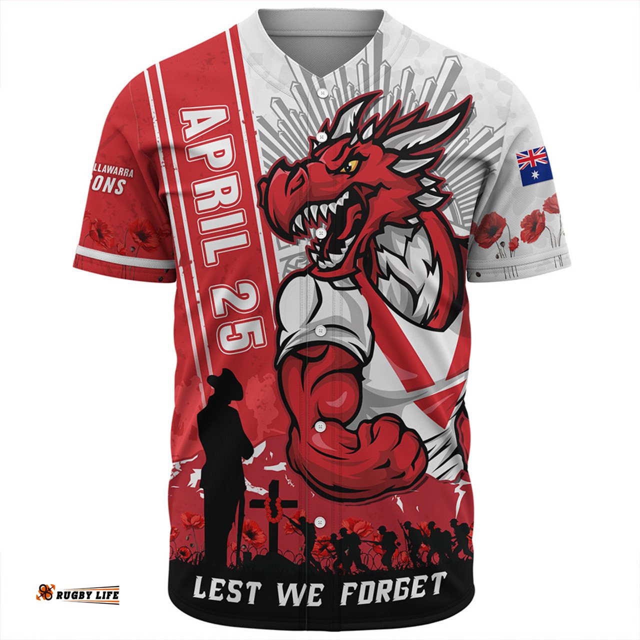 Amazing Aussie St. George Illawarra Dragons Anzac Day Lest We Forget Strong Fighting Spirit Baseball Shirt
