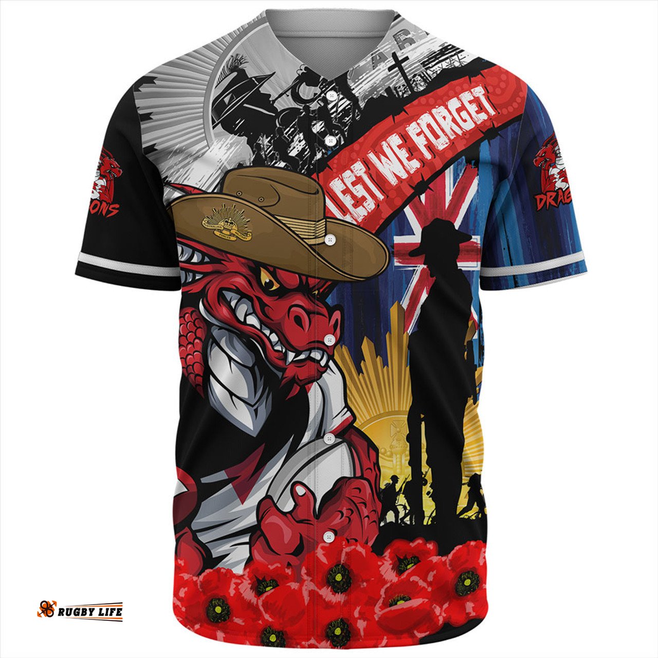 Amazing Aussie St. George Illawarra Dragons United In Spirit Anzac Day Tribute Baseball Shirt