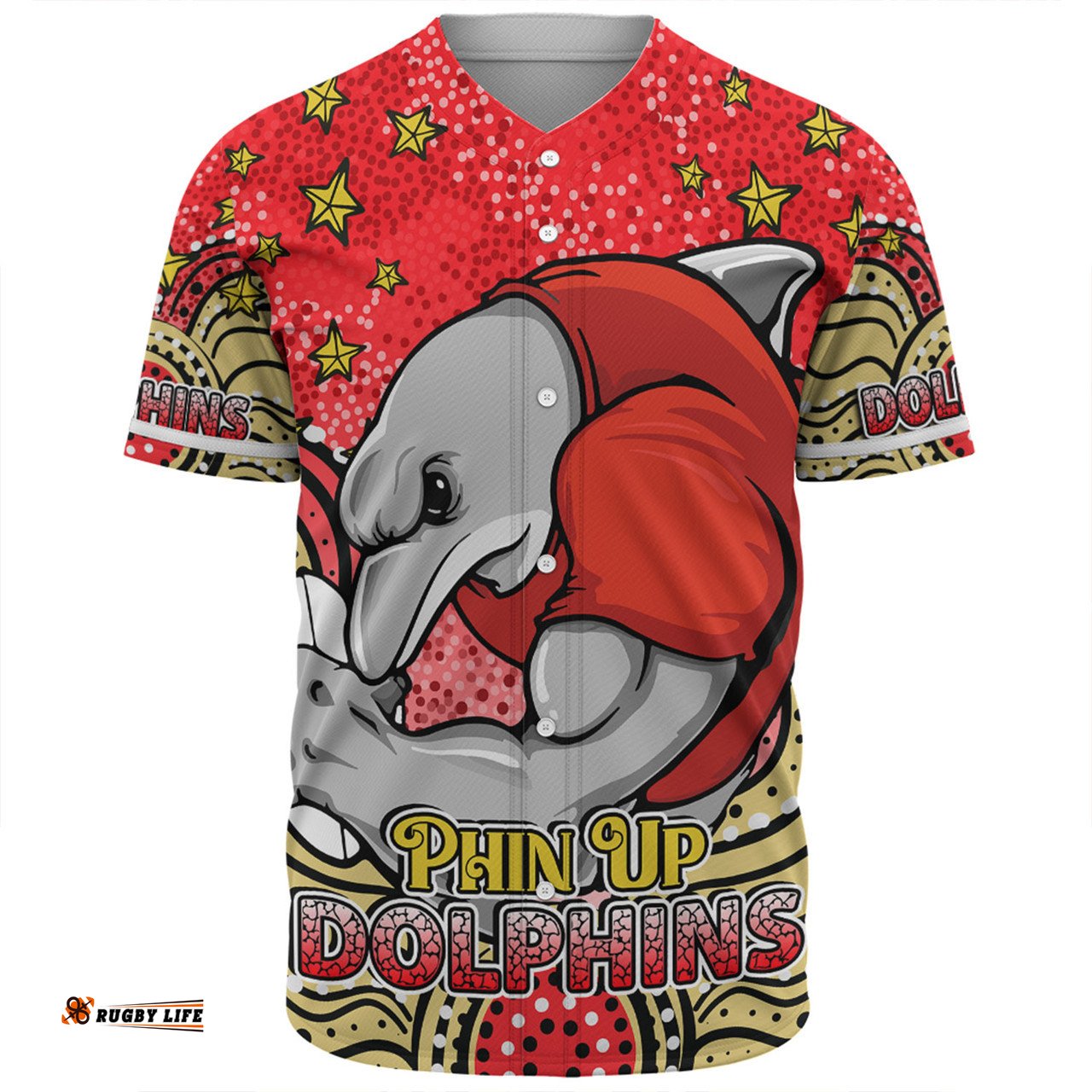 Amazing Aussie Redcliffe Dolphins Custom Custom With Aboriginal Inspired Style Of Dot Painting Patterns  Baseball Shirt
