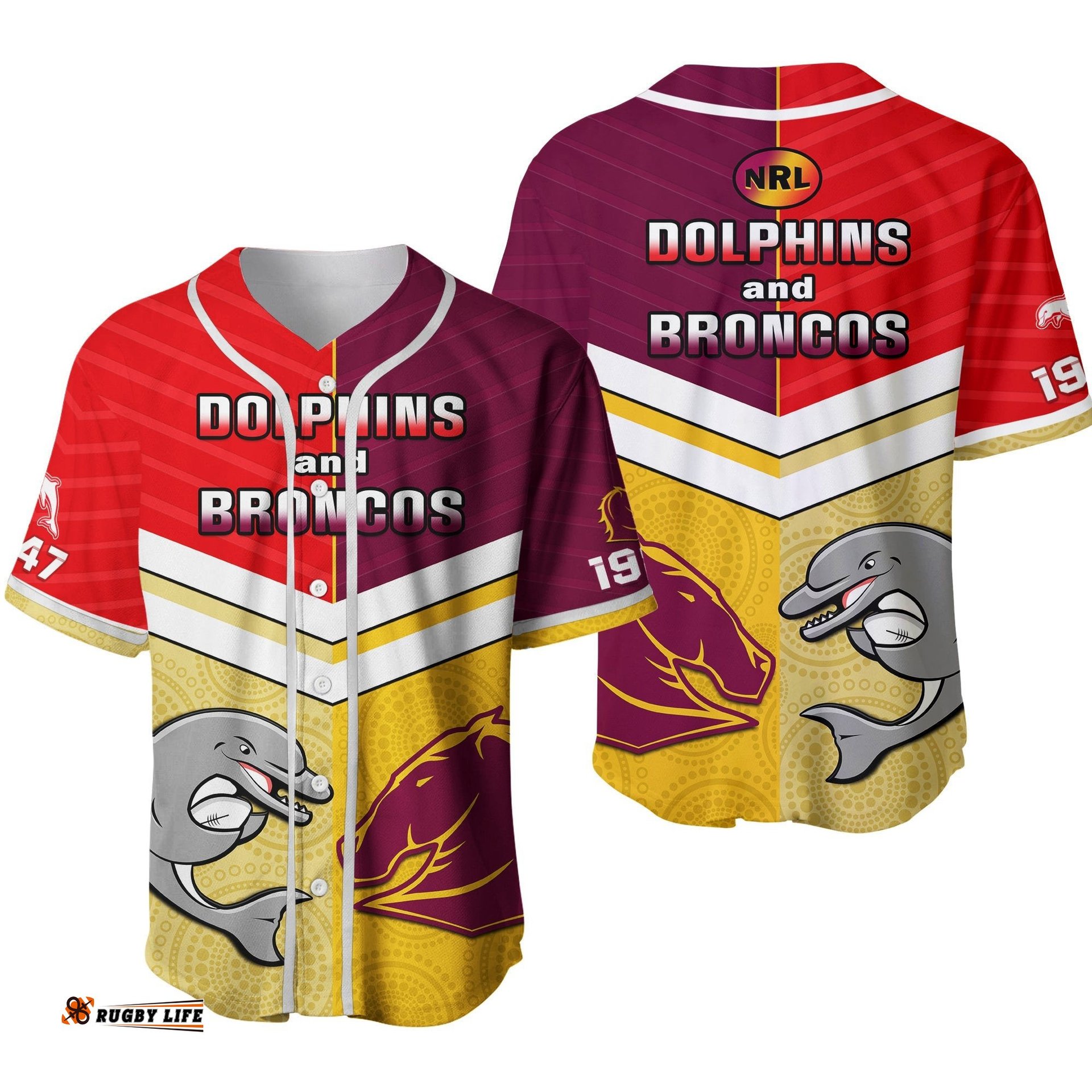 Dolphins Mix Broncos Rugby Baseball Jersey Shirt Indigenous Art Ver.02