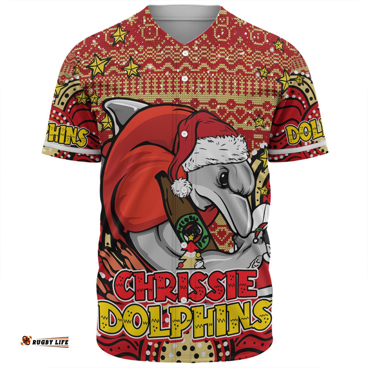 Redcliffe Dolphins Christmas Custom Baseball Shirt - Christmas Knit Patterns Vintage Jersey Ugly Baseball Shirt