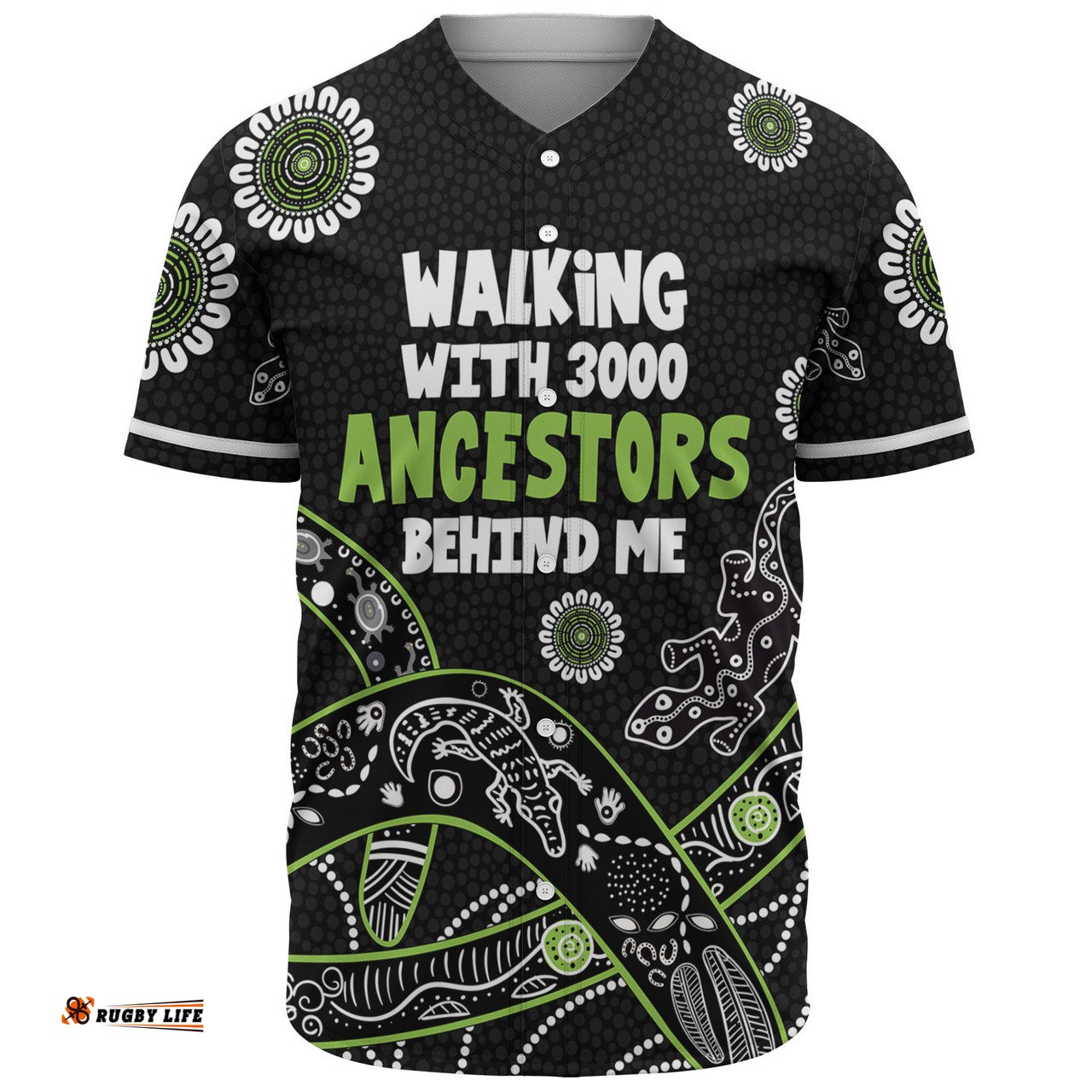 Australia Aboriginal Baseball Shirt - Walking with 3000 Ancestors Behind Me Black and Green Patterns Baseball Shirt