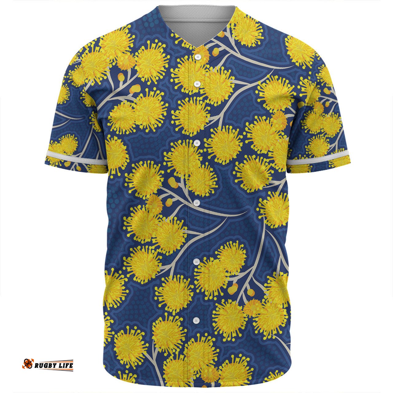 Australia Flowers Aboriginal Baseball Shirt - Yellow Wattle Flowers With Aboriginal Dot Art Baseball Shirt