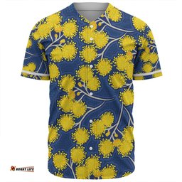 Australia Flowers Aboriginal Baseball Shirt - Yellow Wattle Flowers With Aboriginal Dot Art Baseball Shirt