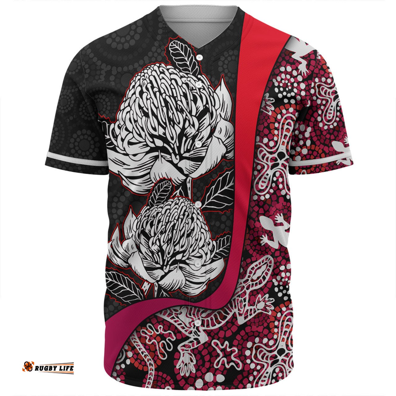 Australia  Warratah Goanna Aboriginal Baseball Shirt - Waratah Flowers With Red Lizards, Stones, Sand Dot Art Painting Inspired Baseball Shirt