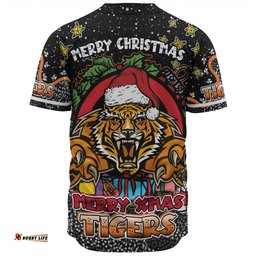 Wests Tigers Christmas Custom Baseball Shirt - Merry Christmas Our Beloved Team With Aboriginal Dot Art Pattern Baseball Shirt