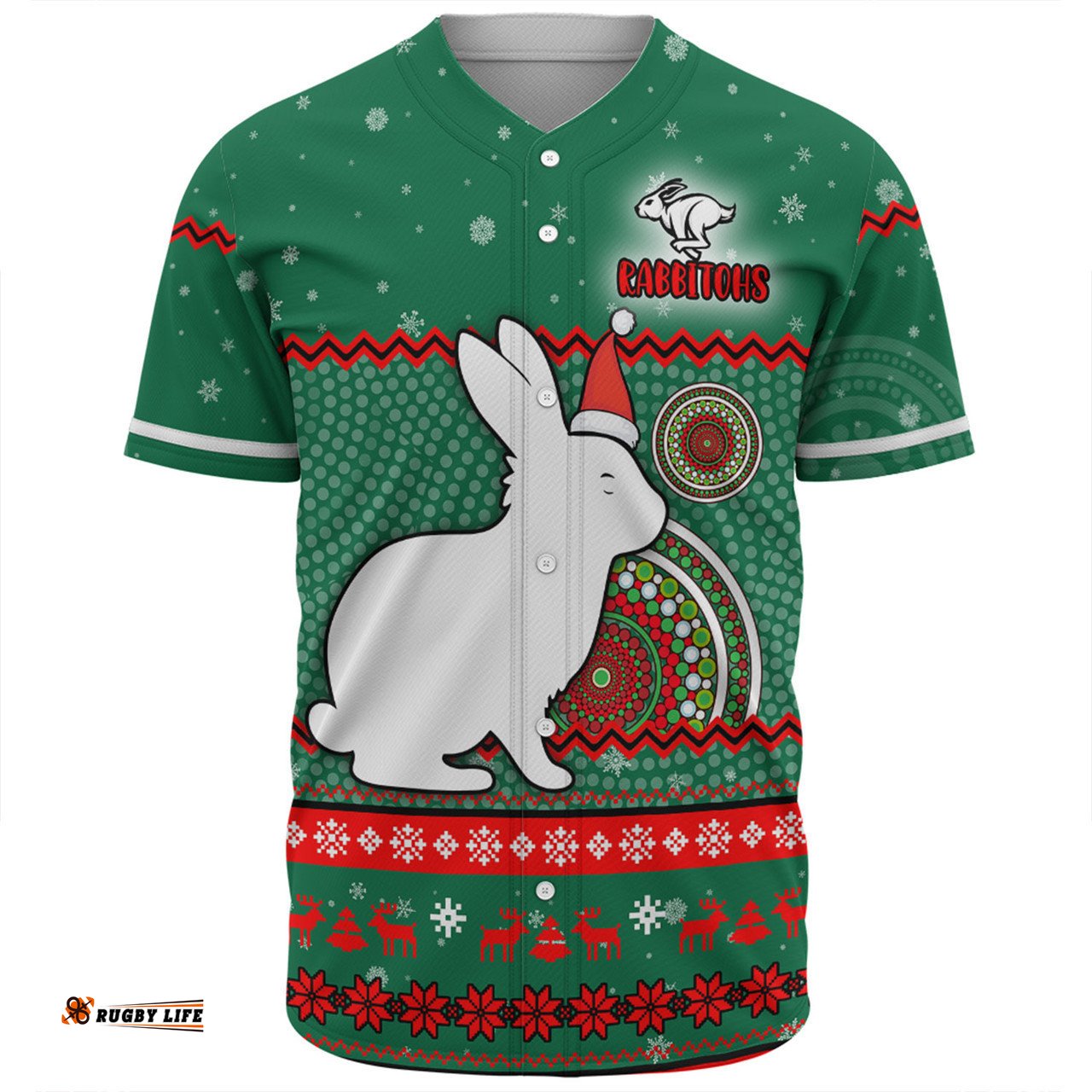 South Sydney Rabbitohs Custom Baseball Shirt - Ugly Xmas And Aboriginal Patterns For Die Hard Fan Baseball Shirt