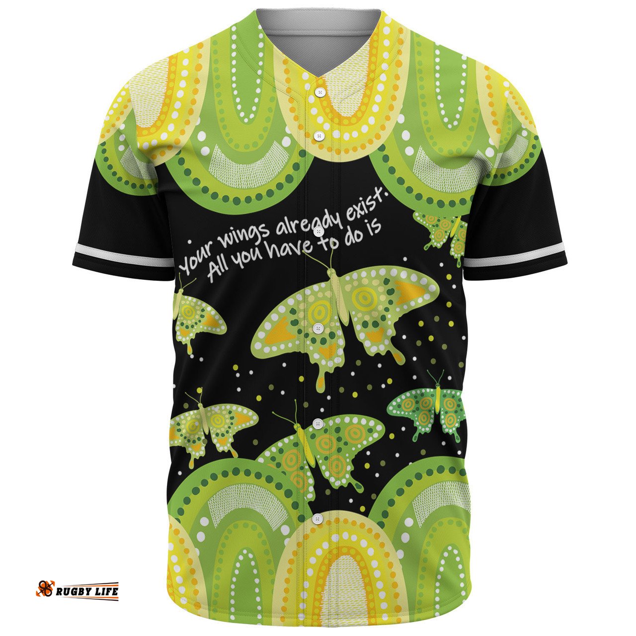 Australia Baseball Shirt - Aboriginal Green Butterflies Art Inspired
