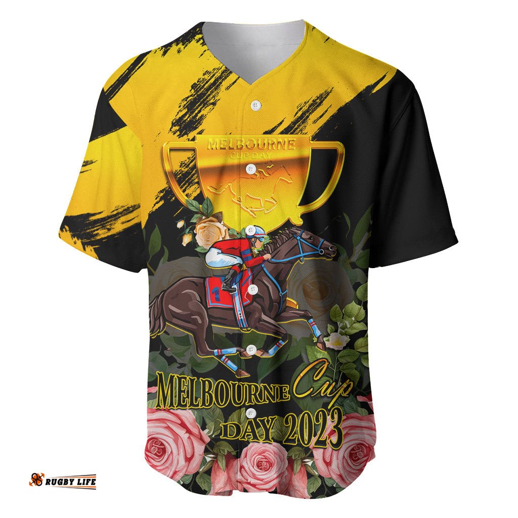 Personalised Australia Melbourne Cup Day Baseball Jersey Shirt Horse Racing Trophy With Roses