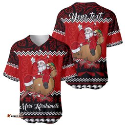 Personalised New Zealand Christmas Baseball Jersey Shirt Kiwi Santa Claus Maori Meri Kirihimete