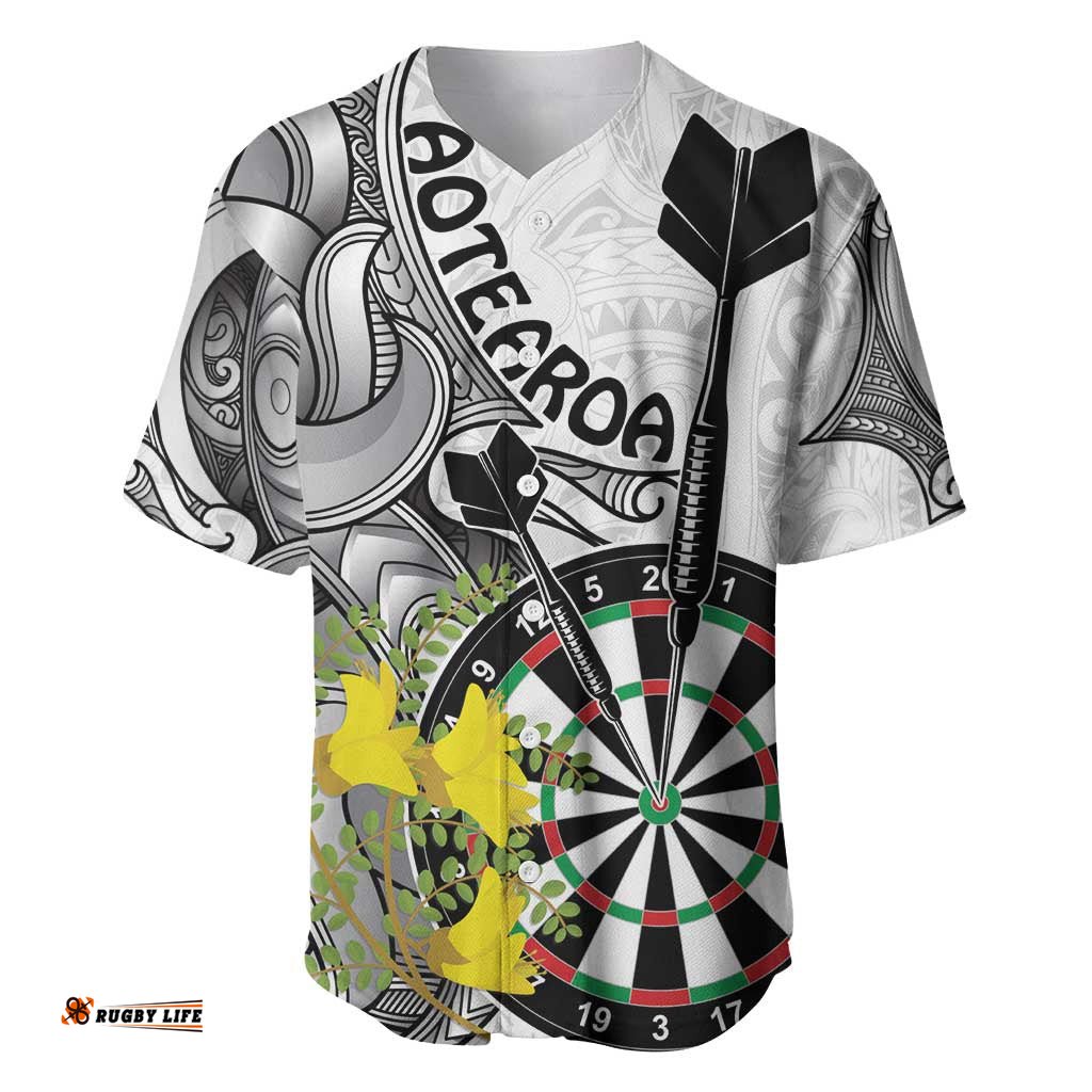Personalised New Zealand Darts Baseball Jersey Shirt Kowhai Floral with Maori Tattoo
