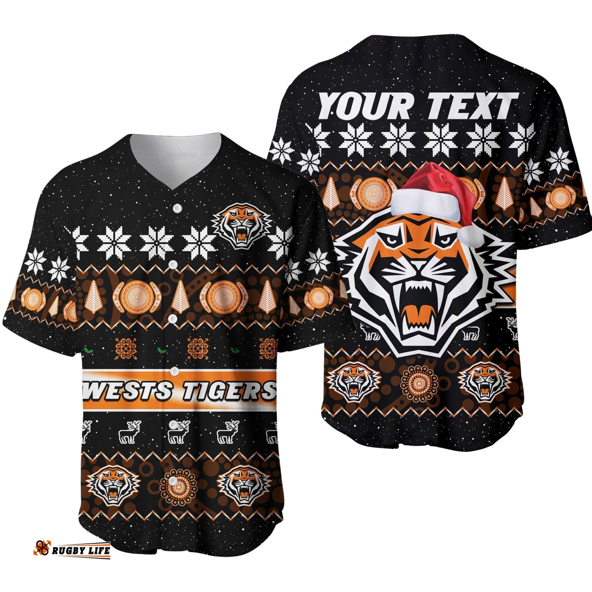 Custom Personalised Wests Tigers Christmas Baseball Jersey Shirt Aboriginal Art Merry Xmas