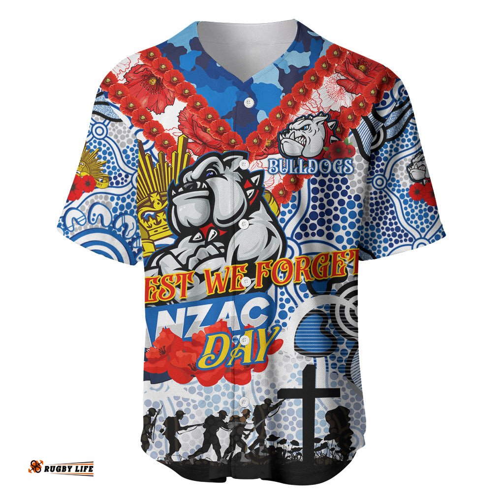 Personalised Bulldogs ANZAC Day Baseball Jersey Shirt Aboriginal Rising Sun