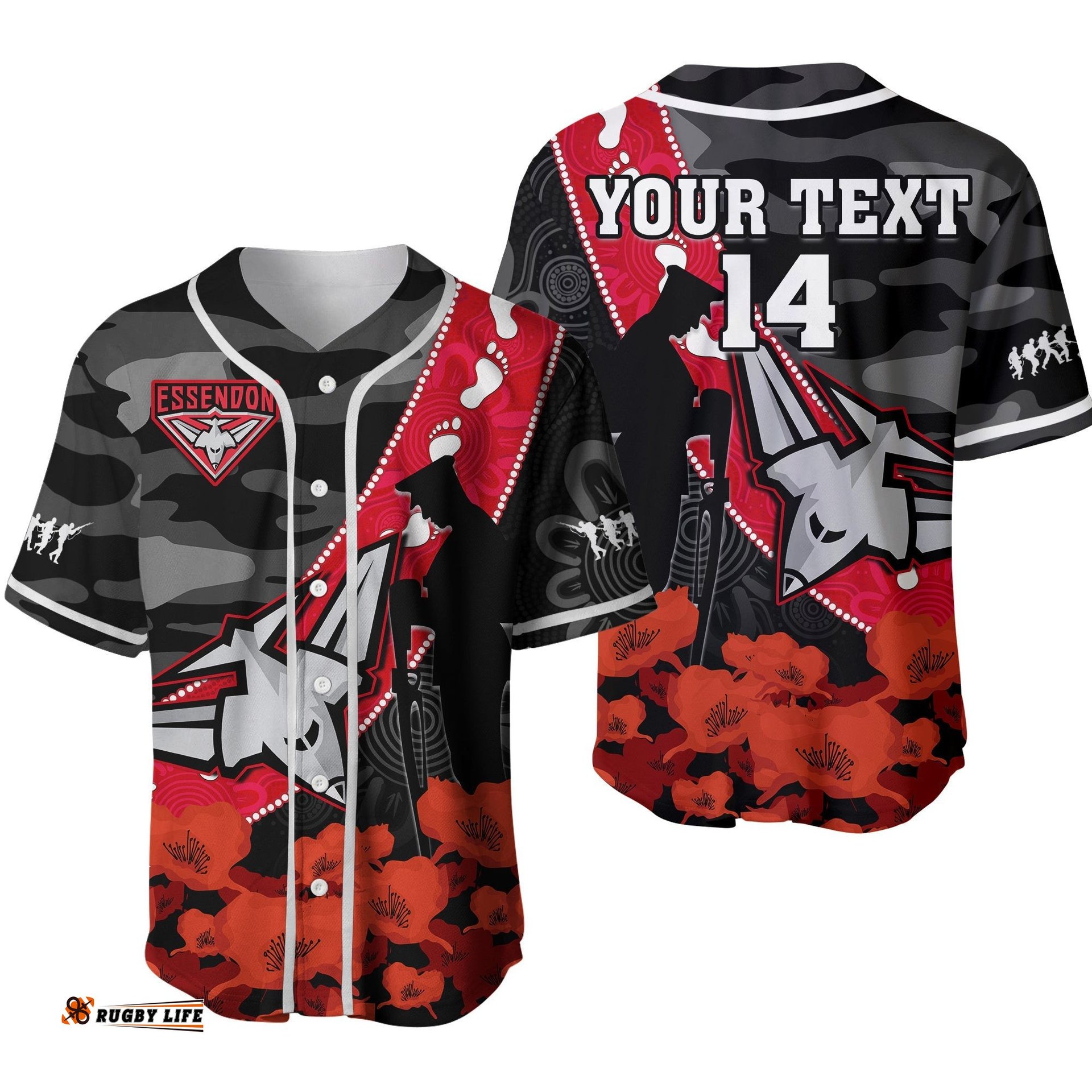 Custom Text And Number Essendon Football ANZAC Baseball Jersey Shirt Bombers Aboriginal Mix Poppy Camouflage Ver.02