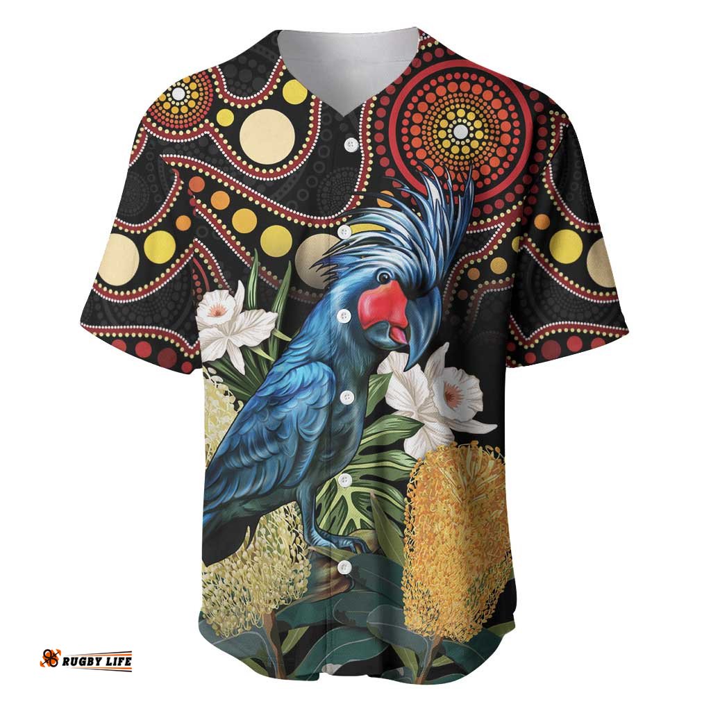 Australia Palm Cockatoo Baseball Jersey Shirt Aussie Banksia Aboriginal Pattern