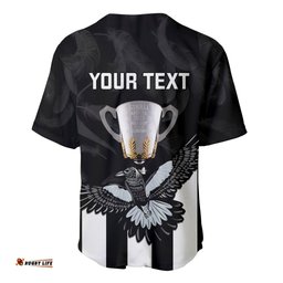 Personalised AFL Collingwood Baseball Jersey Shirt Magpies Premiers With Trophy Proud
