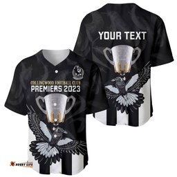 Personalised AFL Collingwood Baseball Jersey Shirt Magpies Premiers With Trophy Proud