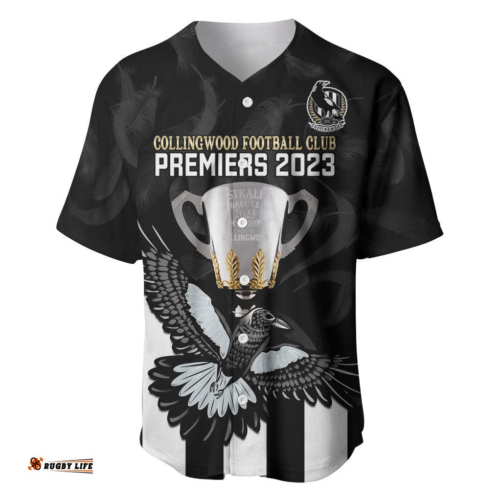 Personalised AFL Collingwood Baseball Jersey Shirt Magpies Premiers With Trophy Proud