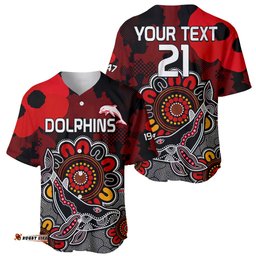 Personalised ANZAC Dolphins Rugby Baseball Jersey Shirt Indigenous Circles and Waves