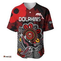 Personalised ANZAC Dolphins Rugby Baseball Jersey Shirt Indigenous Circles and Waves