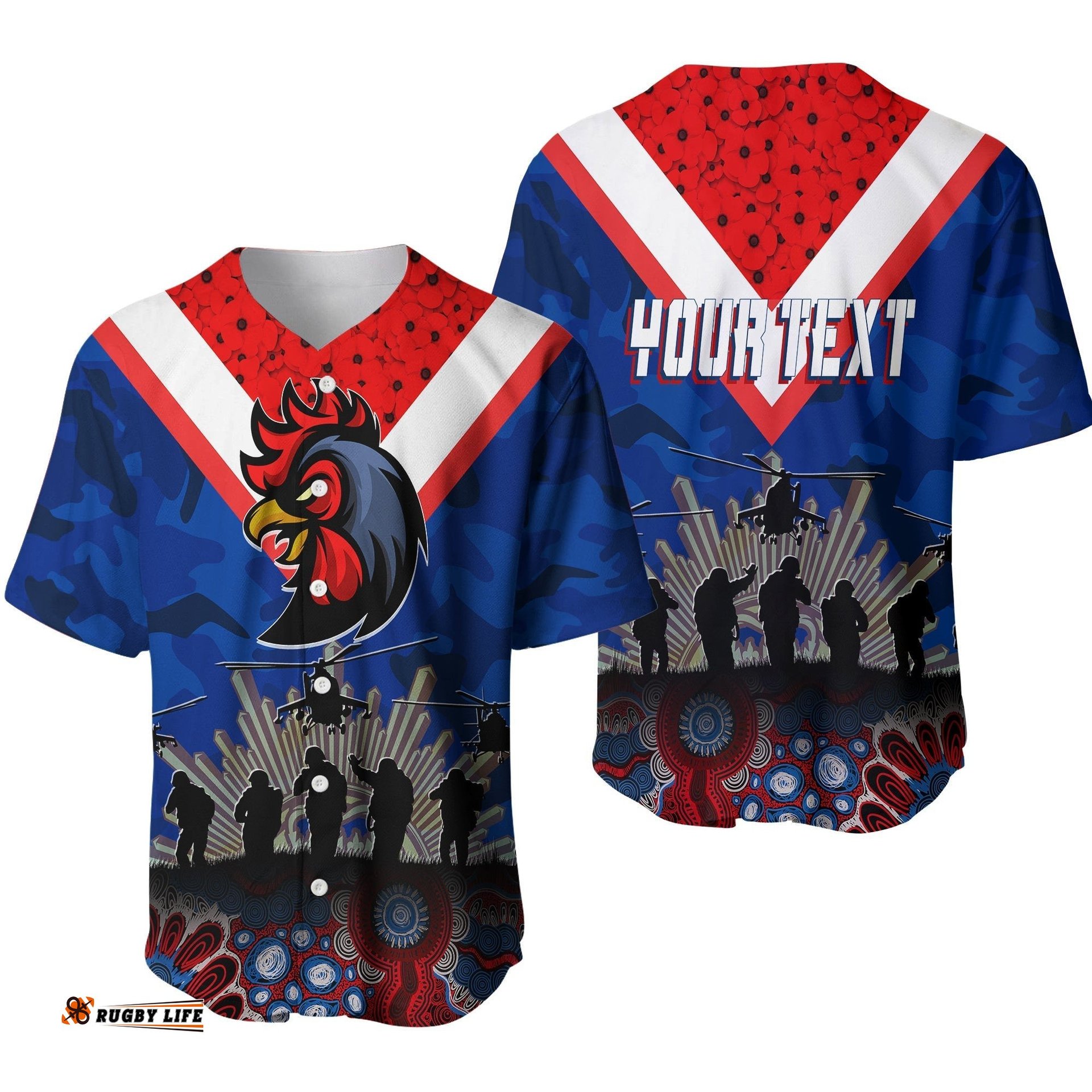Roosters Rugby Personalised Baseball Jersey Shirt Anzac Day Camouflage Vibes