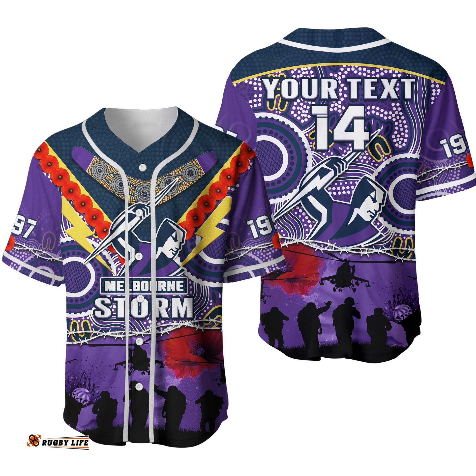 Custom Text And Number Melbourne Storm Rugby ANZAC Baseball Jersey Shirt Indigenous Poppy Australian Army Ver.02
