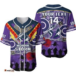 Custom Text And Number Melbourne Storm Rugby ANZAC Baseball Jersey Shirt Indigenous Poppy Australian Army Ver.02