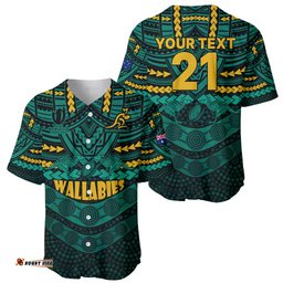 Custom Wallabies Rugby Baseball Jersey Shirt Polynesian and Aboriginal Special Green Version