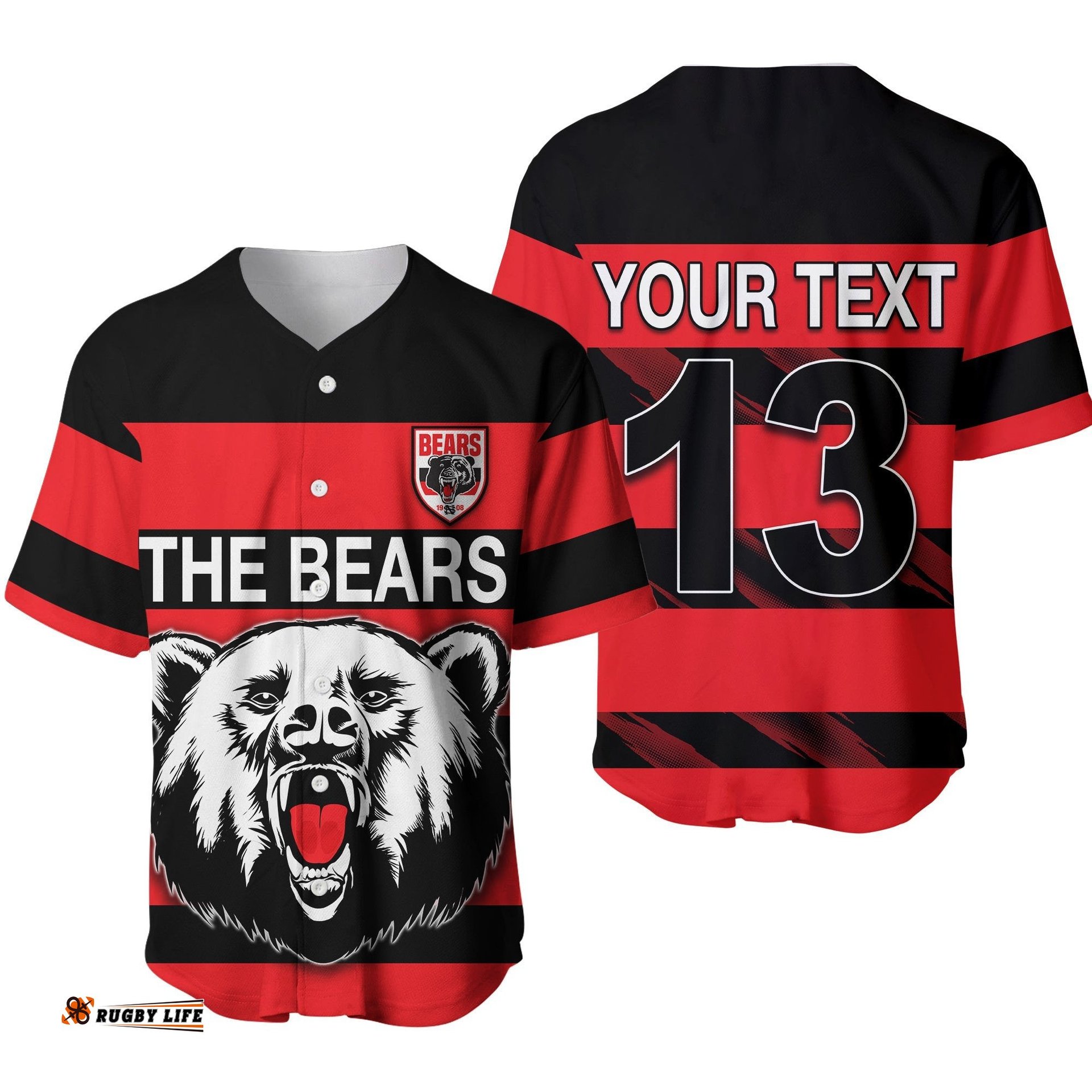 Custom Personalised The Bears Baseball Jersey Shirt North Sydney Bears Strong Comeback Custom Text and Number