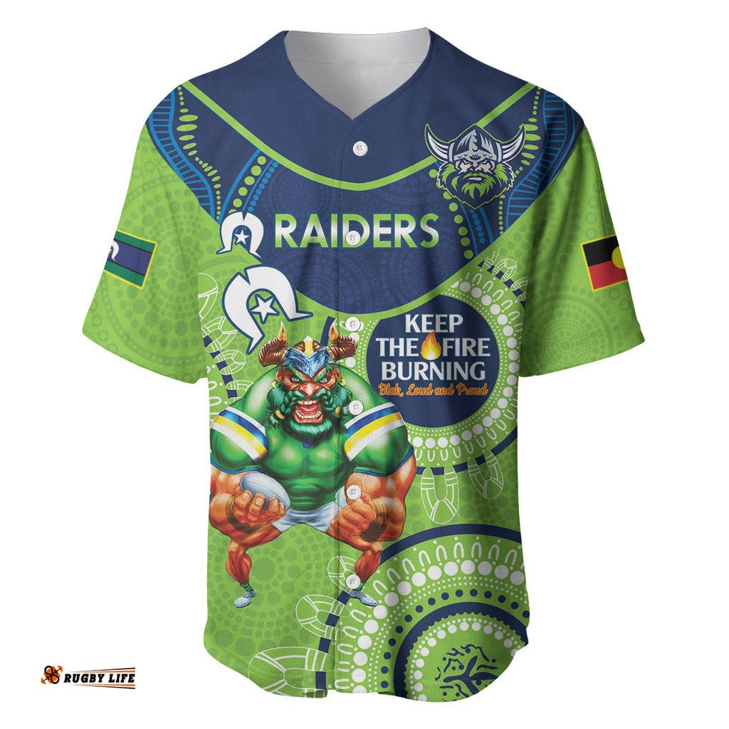 Custom NRL Raiders NAIDOC Week Baseball Jersey Shirt Keep The Fire Burning Indigenous Art