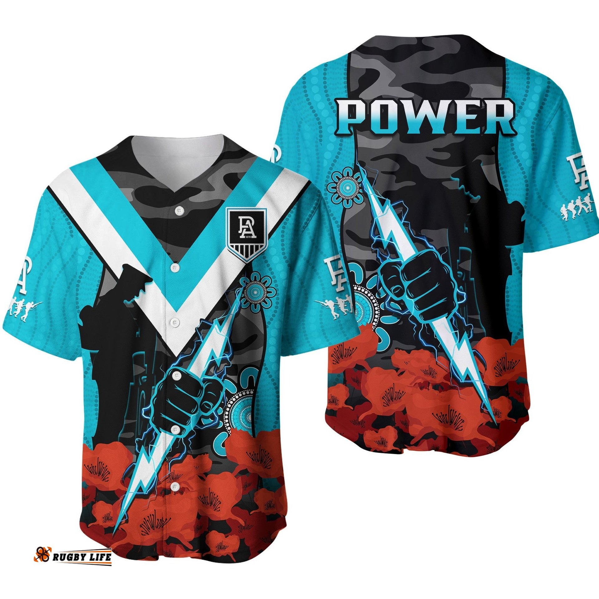 Port Adelaide Football ANZAC Baseball Jersey Shirt Power Aboriginal Mix Poppy Camouflage Ver.01