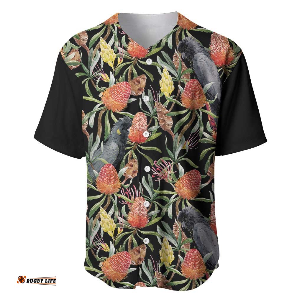 Australia Black Cockatoo And Banksia Flowers Baseball Jersey Shirt