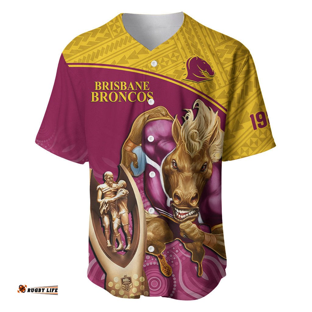 Custom Brisbane Broncos Rugby Baseball Jersey Shirt Go Champions Mascot With Polynesian Indigenous Art
