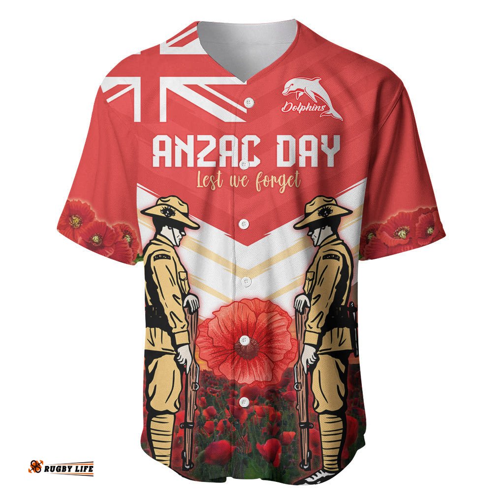 Custom Dolphins Rugby ANZAC Day Baseball Jersey Shirt Soldiers Poppy Field 2024