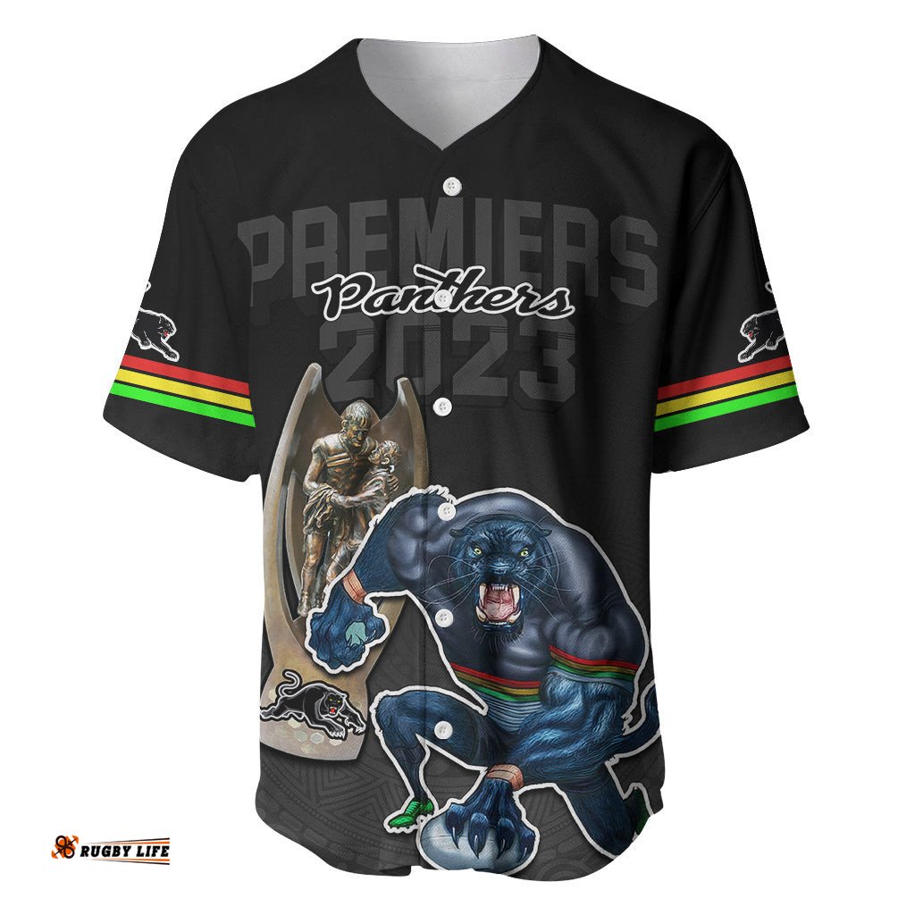Custom Panthers Premier Baseball Jersey Shirt Mascot with NRL Trophy Black Version